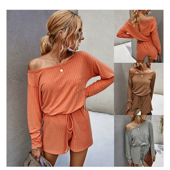 - Orange Knit Sweater Draw String Waist Romper - Picture 3 of 7